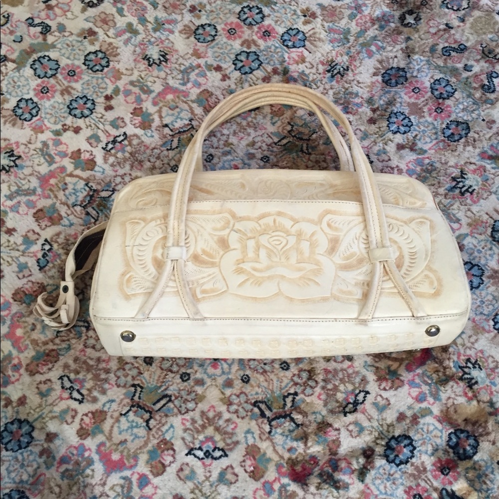 Vintage Mexican White Tooled Rose Leather Bag